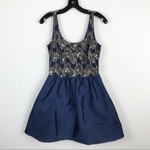 Adrianna Papell Navy Silver Tafetta Cocktail Prom Elegant Holiday Fun Dress 4